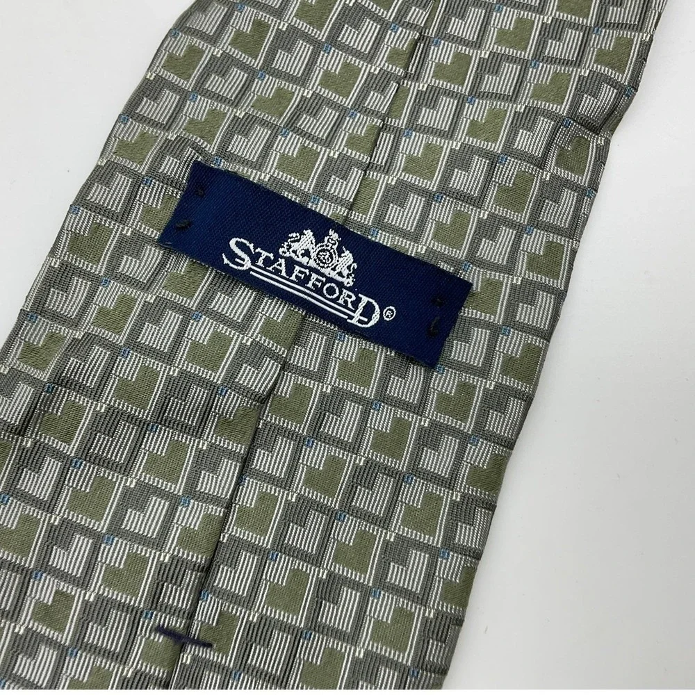 Stafford Necktie Mens Olive Green Grey Geometric Silk Classic Formal Accessory